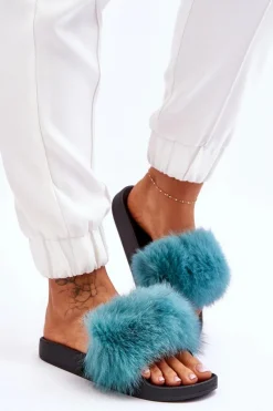 Damskie Gumowe Klapki Z Futerkiem Turkusowe Lucrece