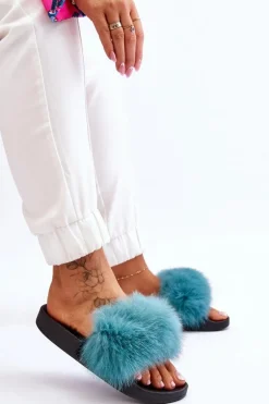 Damskie Gumowe Klapki Z Futerkiem Turkusowe Lucrece