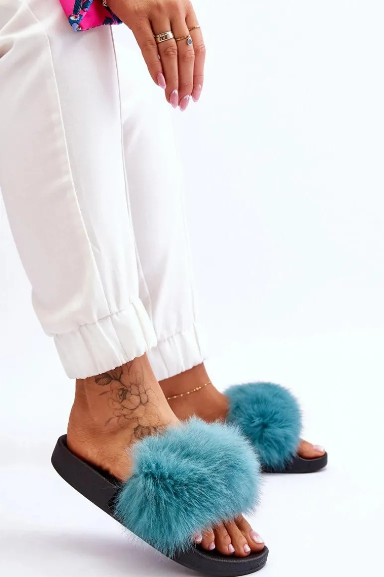 Damskie Gumowe Klapki Z Futerkiem Turkusowe Lucrece