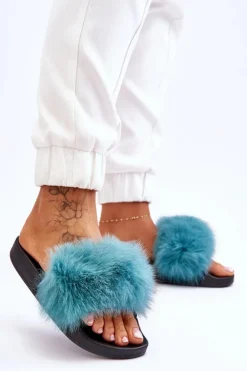 Damskie Gumowe Klapki Z Futerkiem Turkusowe Lucrece