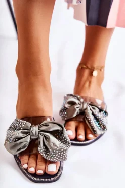 Damskie Gumowe Klapki Z Kokardą Czarno-Szare Meriden