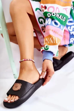 Damskie Gumowe Klapki Z Misiem Czarne Cardiff