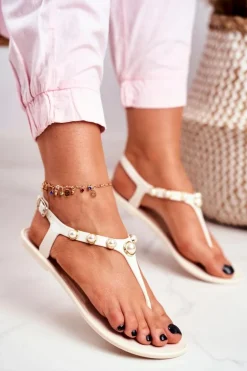 Damskie Gumowe Sandałki Białe Japonki Perełki Denise