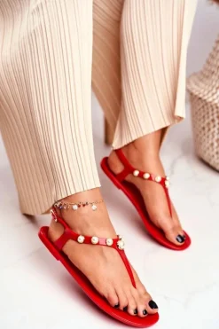 Damskie Gumowe Sandałki Czerwone Japonki Perełki Denise