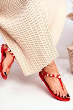 Damskie Gumowe Sandałki Czerwone Japonki Perełki Denise