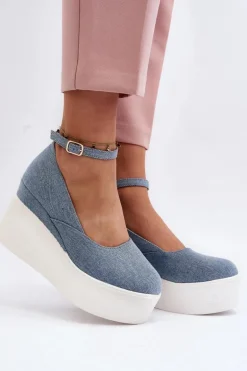 Damskie Jeansowe Espadryle Na Koturnie Niebieskie Malla