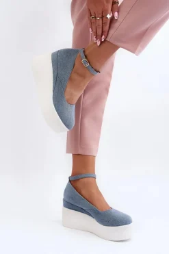 Damskie Jeansowe Espadryle Na Koturnie Niebieskie Malla