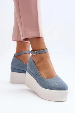 Damskie Jeansowe Espadryle Na Koturnie Niebieskie Malla