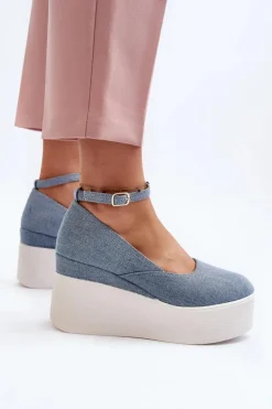 Damskie Jeansowe Espadryle Na Koturnie Niebieskie Malla