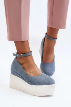 Damskie Jeansowe Espadryle Na Koturnie Niebieskie Malla