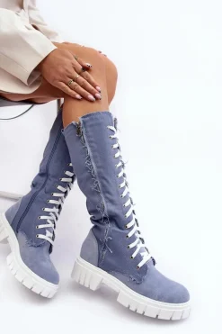 Damskie Jeansowe Ocieplane Kozaki Ze Sznurowaniem Niebieskie Cresanta