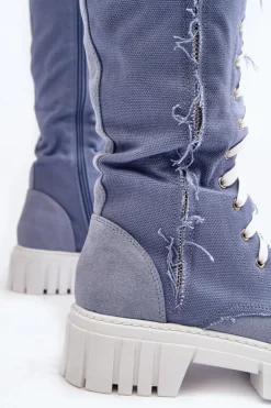 Damskie Jeansowe Ocieplane Kozaki Ze Sznurowaniem Niebieskie Cresanta