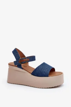 Damskie Jeansowe Sandały Na Koturnie Niebieskie Geferia
