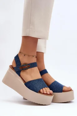 Damskie Jeansowe Sandały Na Koturnie Niebieskie Geferia