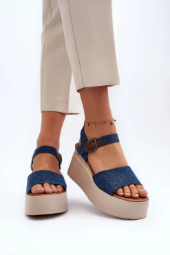 Damskie Jeansowe Sandały Na Koturnie Niebieskie Geferia