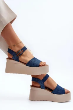 Damskie Jeansowe Sandały Na Koturnie Niebieskie Geferia