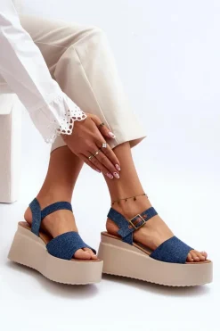 Damskie Jeansowe Sandały Na Koturnie Niebieskie Geferia