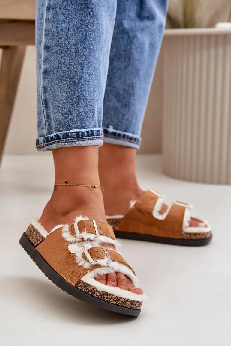 Damskie Kapcie Klapki Z Klamrami I Futerkiem Camel Ezilena