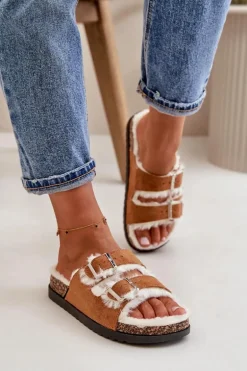 Damskie Kapcie Klapki Z Klamrami I Futerkiem Camel Ezilena