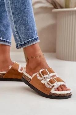 Damskie Kapcie Klapki Z Klamrami I Futerkiem Camel Ezilena