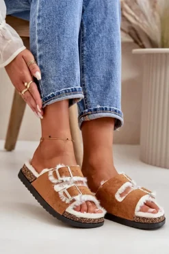 Damskie Kapcie Klapki Z Klamrami I Futerkiem Camel Ezilena