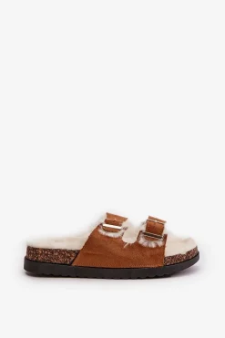 Damskie Kapcie Klapki Z Klamrami I Futerkiem Camel Ezilena