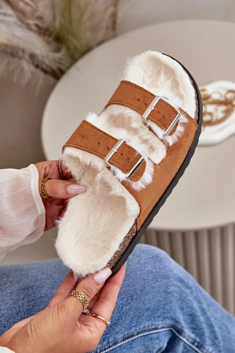 Damskie Kapcie Klapki Z Klamrami I Futerkiem Camel Ezilena
