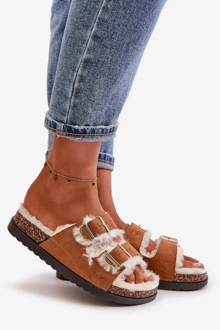 Damskie Kapcie Klapki Z Klamrami I Futerkiem Camel Ezilena