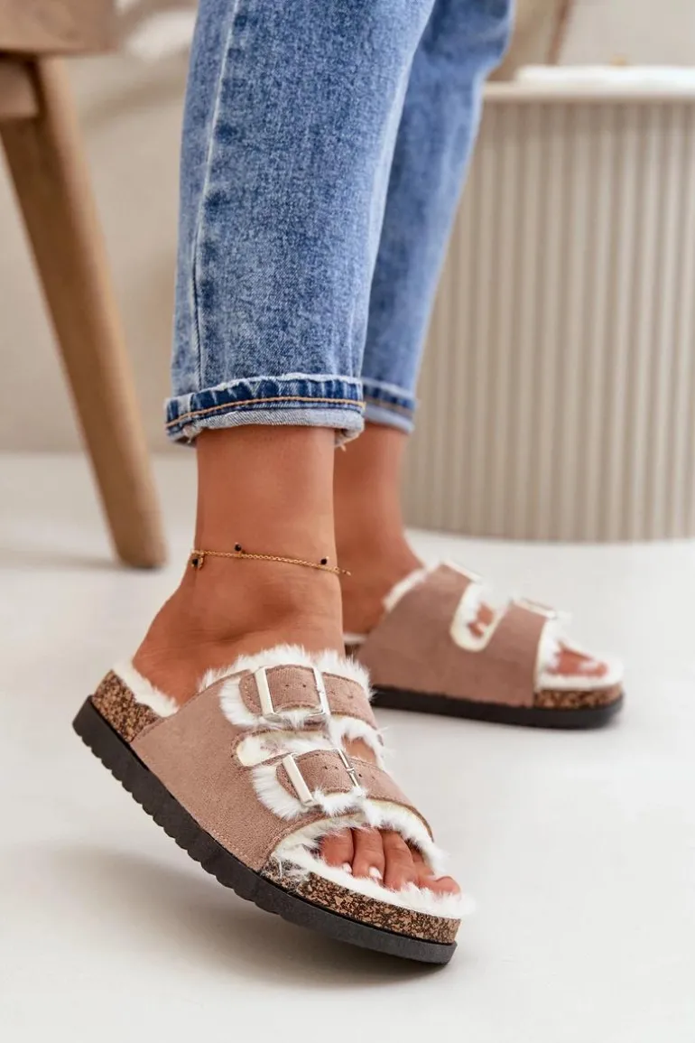 Damskie Kapcie Klapki Z Klamrami I Futerkiem Beżowe Ezilena