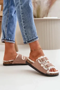 Damskie Kapcie Klapki Z Klamrami I Futerkiem Beżowe Ezilena