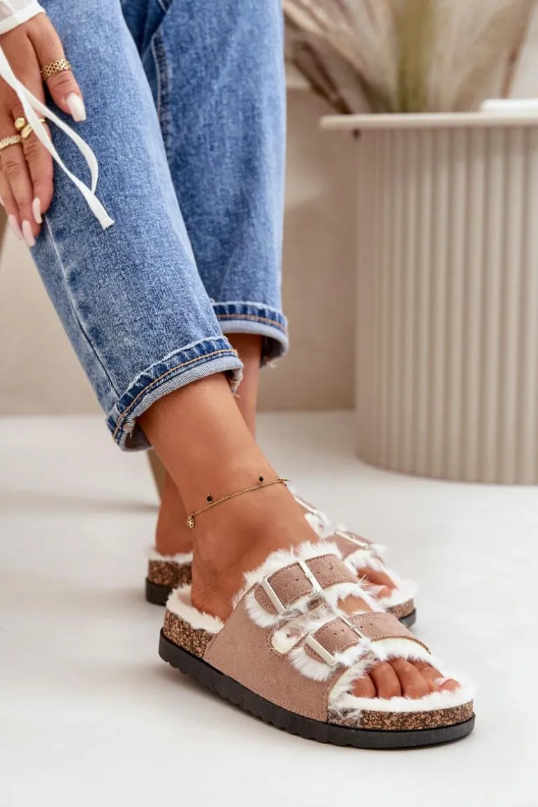 Damskie Kapcie Klapki Z Klamrami I Futerkiem Beżowe Ezilena