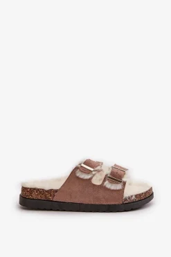 Damskie Kapcie Klapki Z Klamrami I Futerkiem Beżowe Ezilena