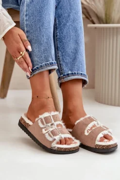 Damskie Kapcie Klapki Z Klamrami I Futerkiem Beżowe Ezilena