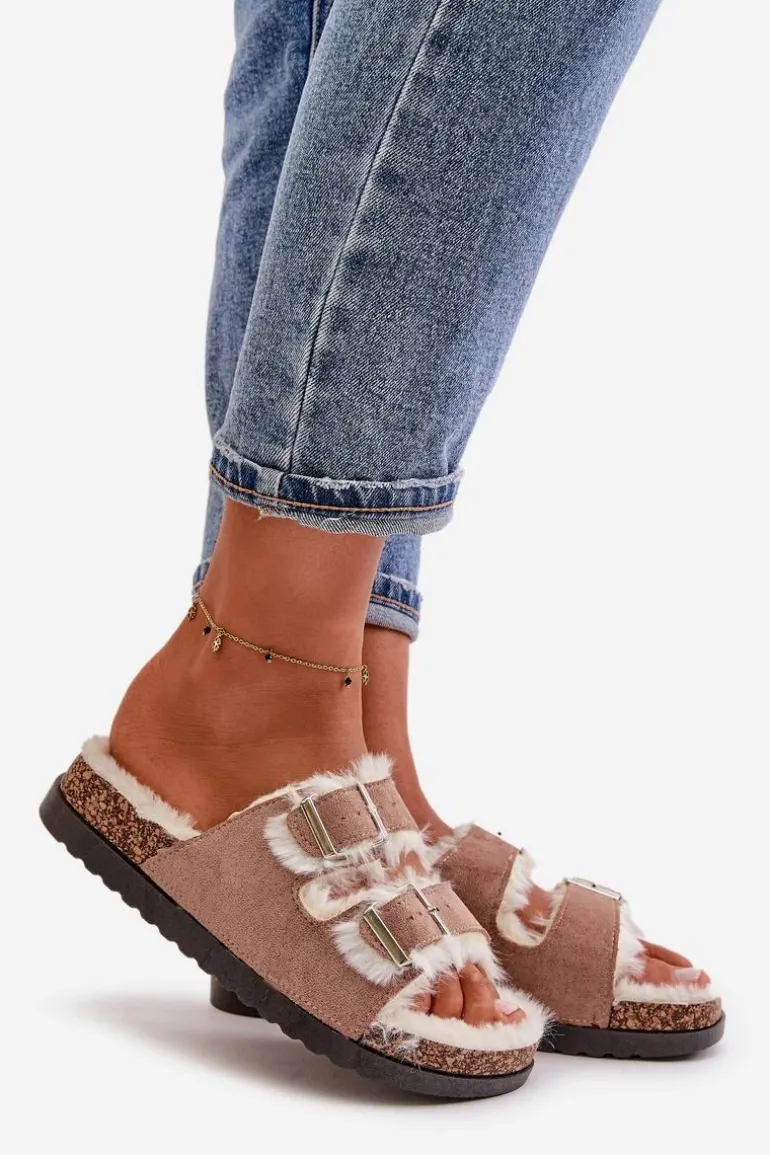 Damskie Kapcie Klapki Z Klamrami I Futerkiem Beżowe Ezilena