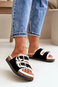 Damskie Kapcie Klapki Z Klamrami I Futerkiem Czarne Ezilena