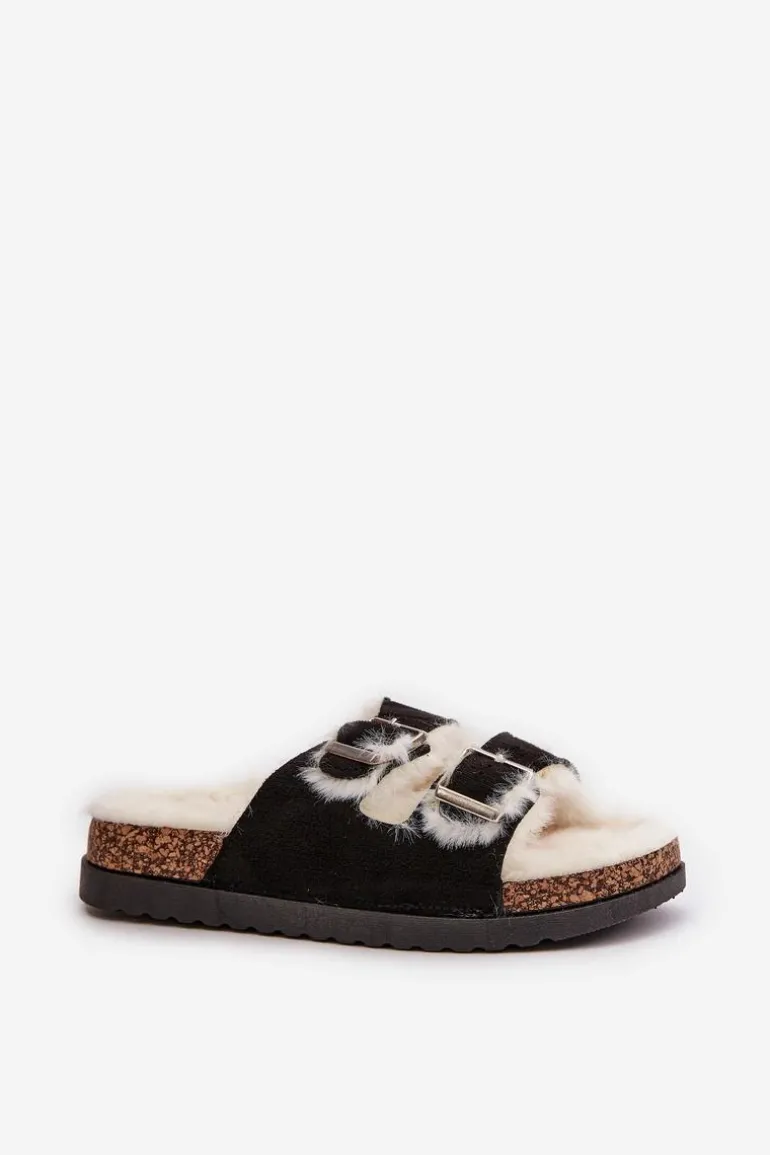 Damskie Kapcie Klapki Z Klamrami I Futerkiem Czarne Ezilena