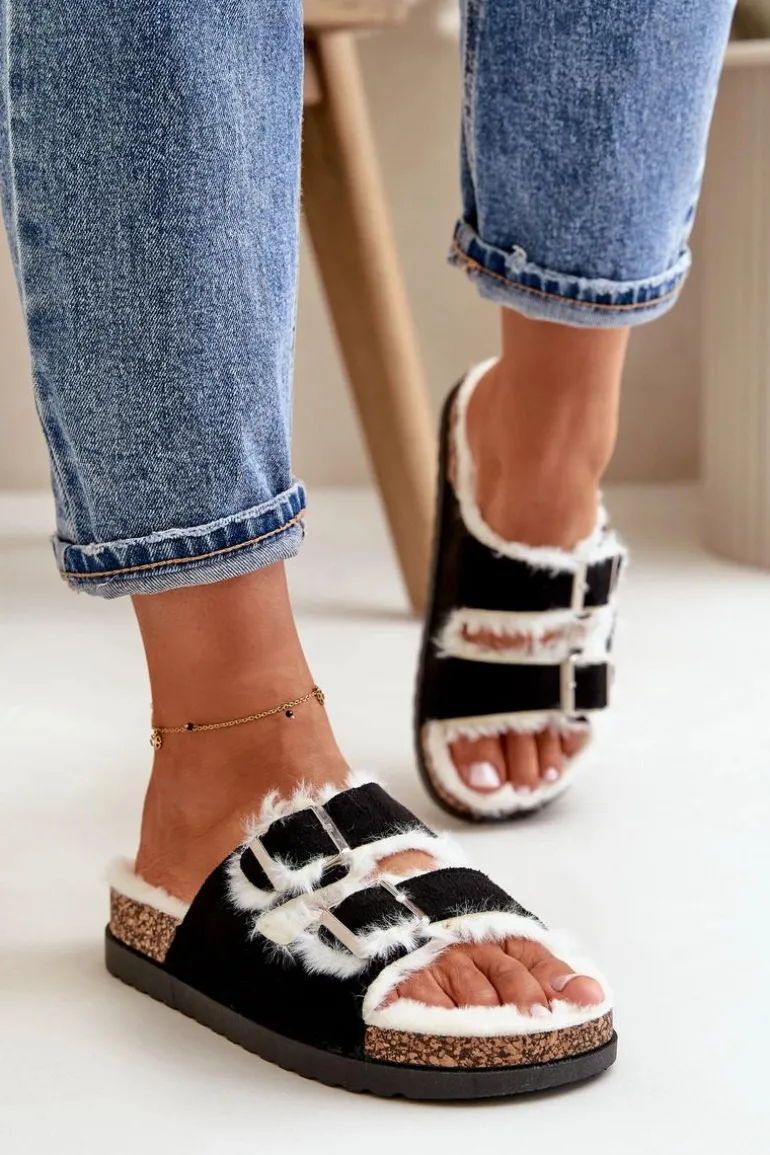 Damskie Kapcie Klapki Z Klamrami I Futerkiem Czarne Ezilena