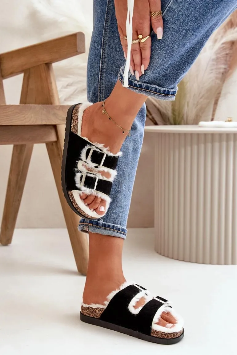 Damskie Kapcie Klapki Z Klamrami I Futerkiem Czarne Ezilena