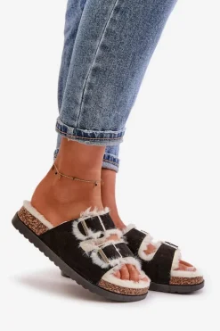 Damskie Kapcie Klapki Z Klamrami I Futerkiem Czarne Ezilena