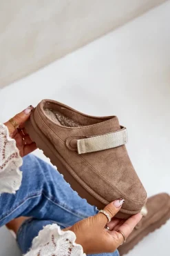 Damskie Kapcie Ocieplane Futerkiem Na Platformie Brązowe Azida