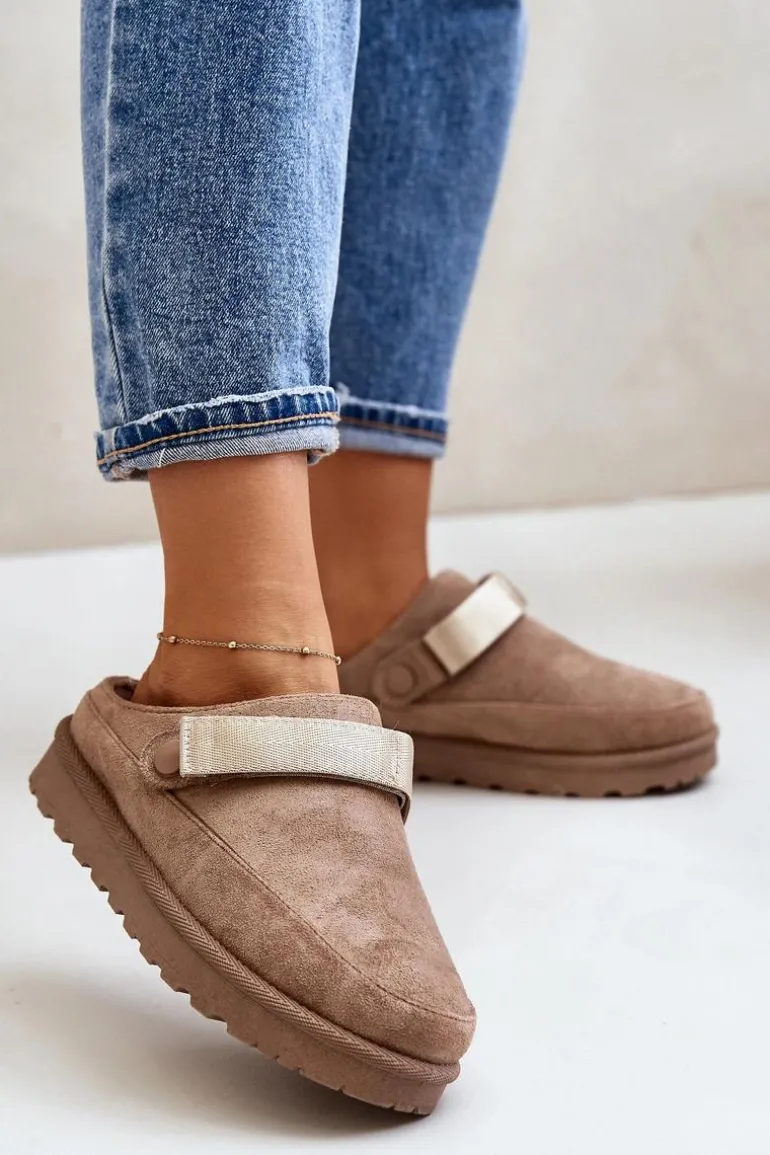 Damskie Kapcie Ocieplane Futerkiem Na Platformie Brązowe Azida