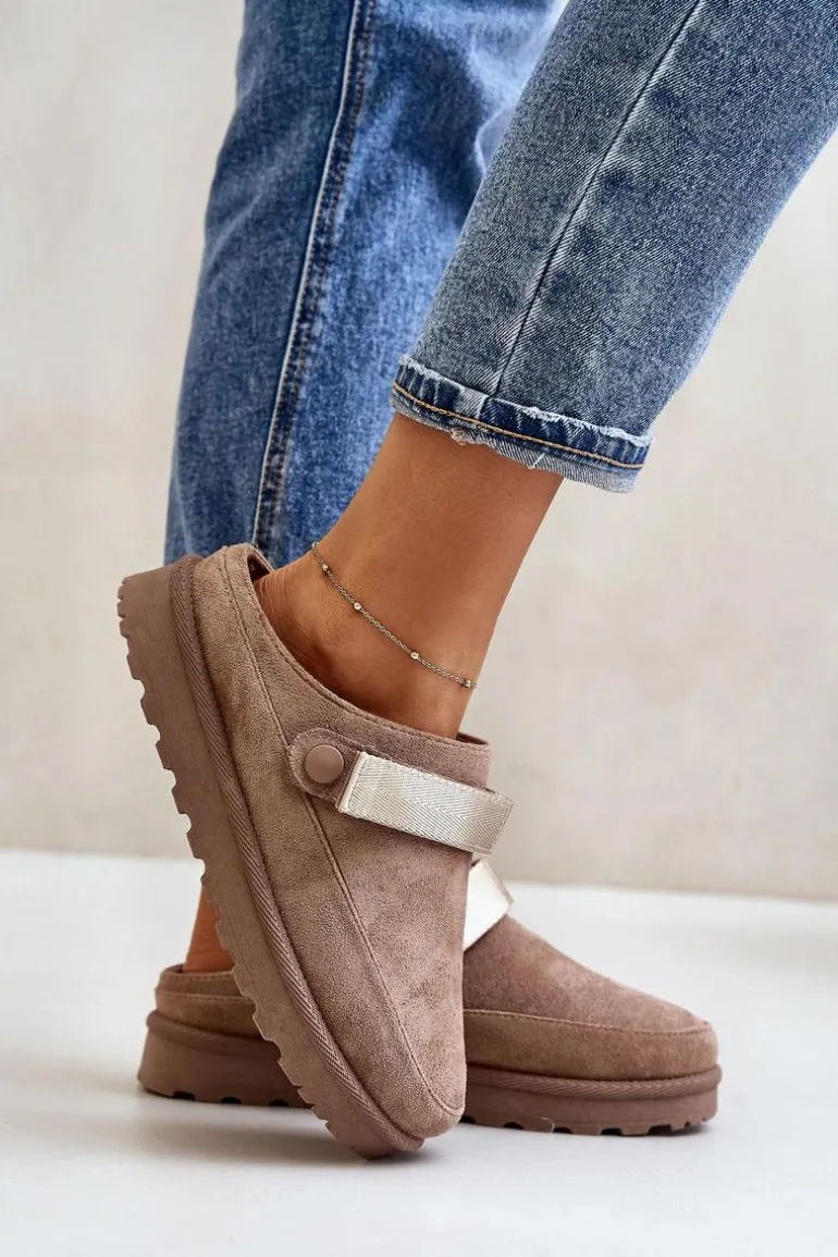 Damskie Kapcie Ocieplane Futerkiem Na Platformie Brązowe Azida