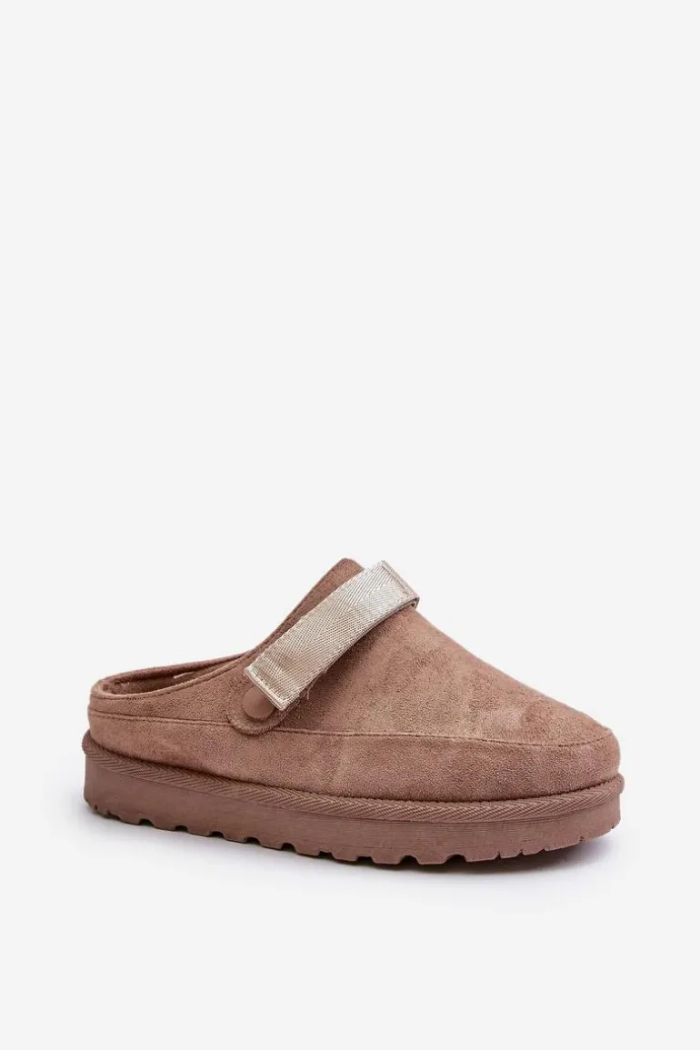 Damskie Kapcie Ocieplane Futerkiem Na Platformie Brązowe Azida