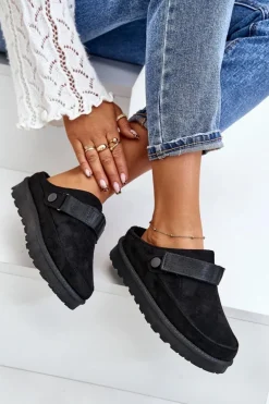 Damskie Kapcie Ocieplane Futerkiem Na Platformie Czarne Azida