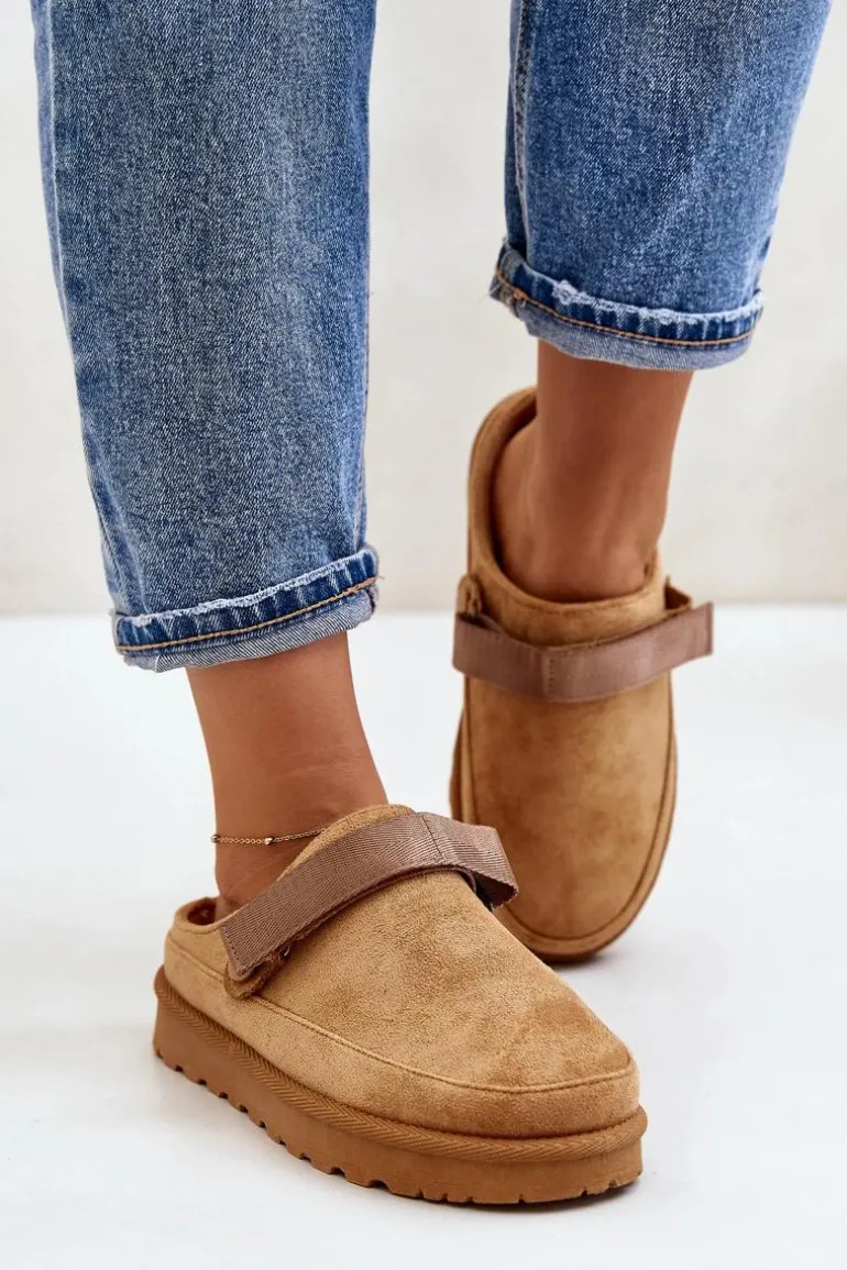 Damskie Kapcie Ocieplane Futerkiem Na Platformie Camel Azida