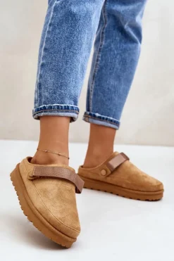 Damskie Kapcie Ocieplane Futerkiem Na Platformie Camel Azida