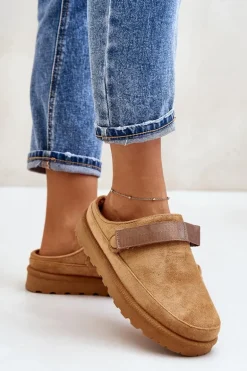 Damskie Kapcie Ocieplane Futerkiem Na Platformie Camel Azida