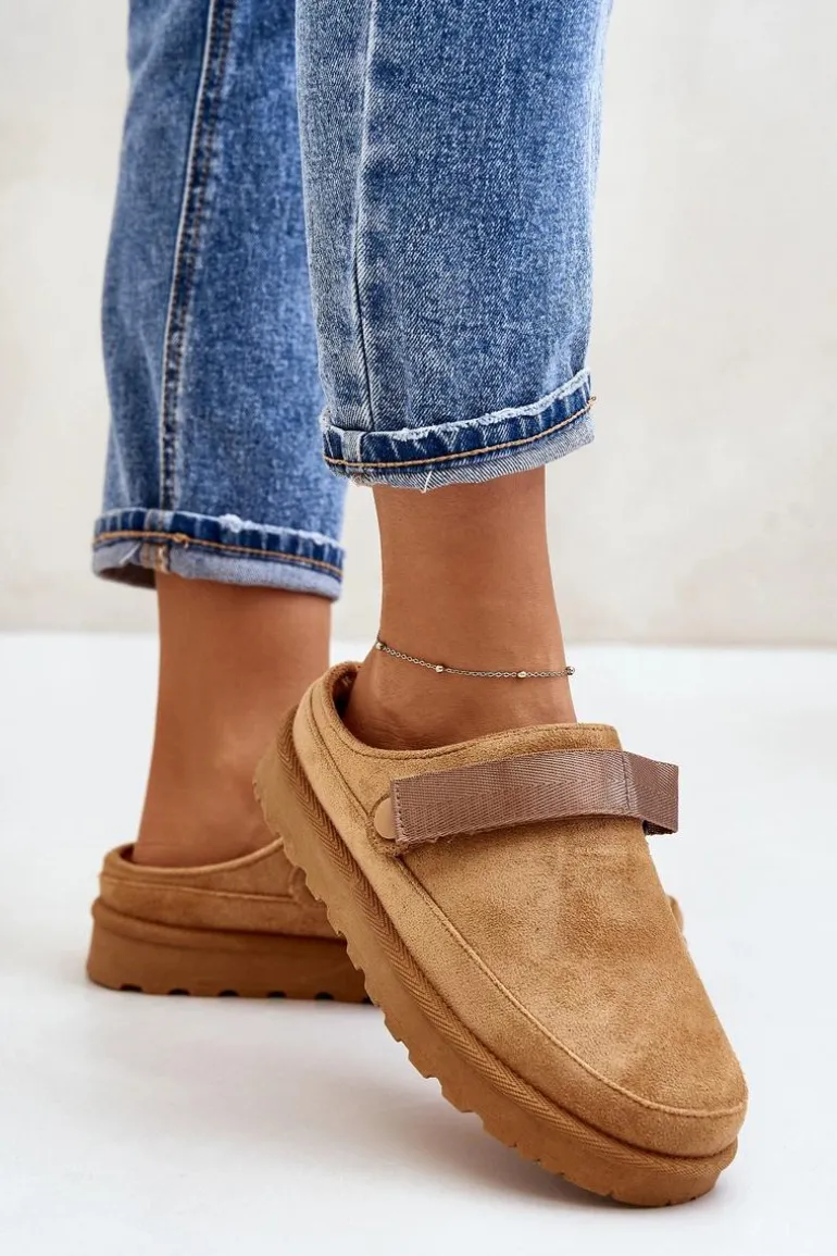 Damskie Kapcie Ocieplane Futerkiem Na Platformie Camel Azida