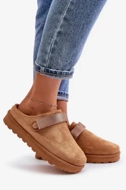 Damskie Kapcie Ocieplane Futerkiem Na Platformie Camel Azida
