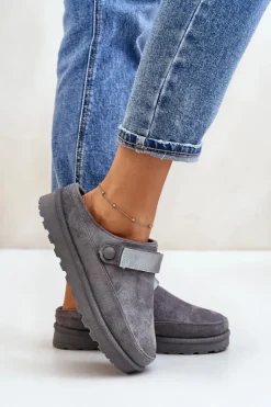 Damskie Kapcie Ocieplane Futerkiem Na Platformie Szare Azida